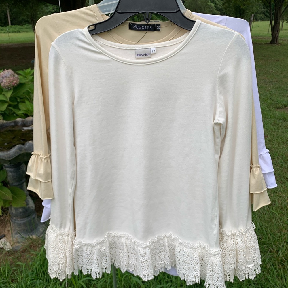 Nuggles 3 pc girl ruffle shirts sz 10,white/cream